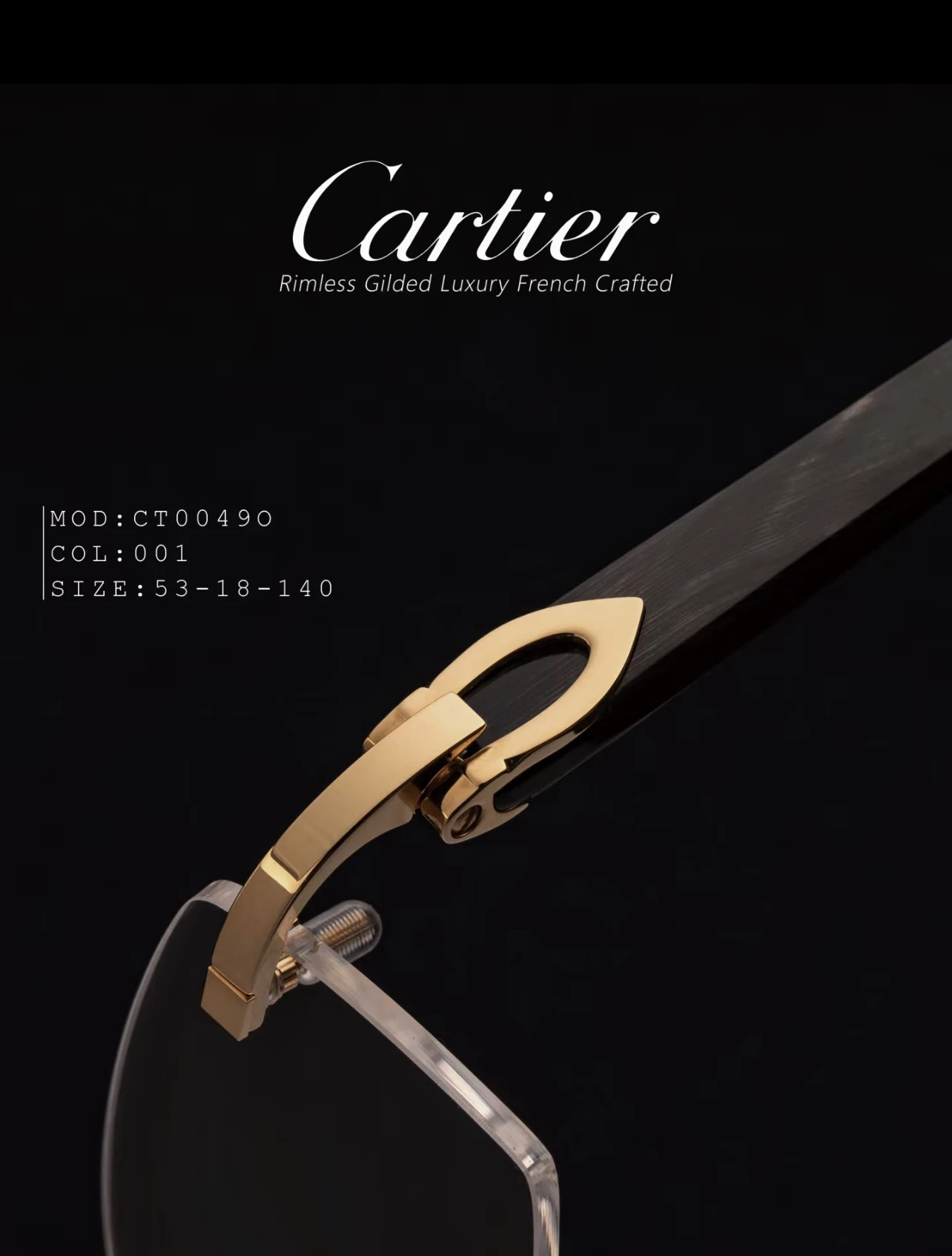 City Specs 2026 Profile view of Cartier CT0049O 001 gold rimless spectacles on display at City Specs Manchester and Sheffield