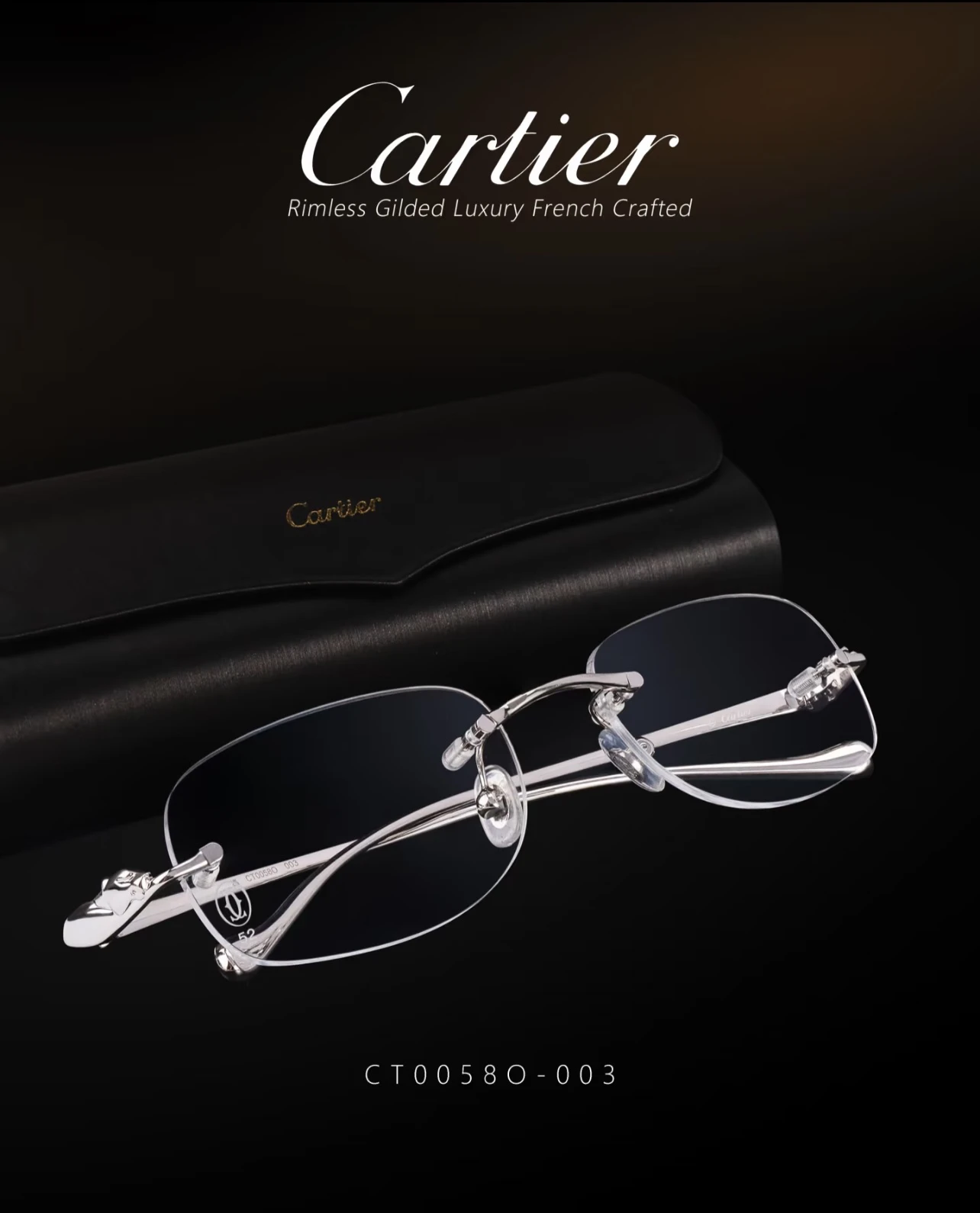 City Specs 2026 Cartier CT0058O 003 silver rimless glasses resting on black case at City Specs