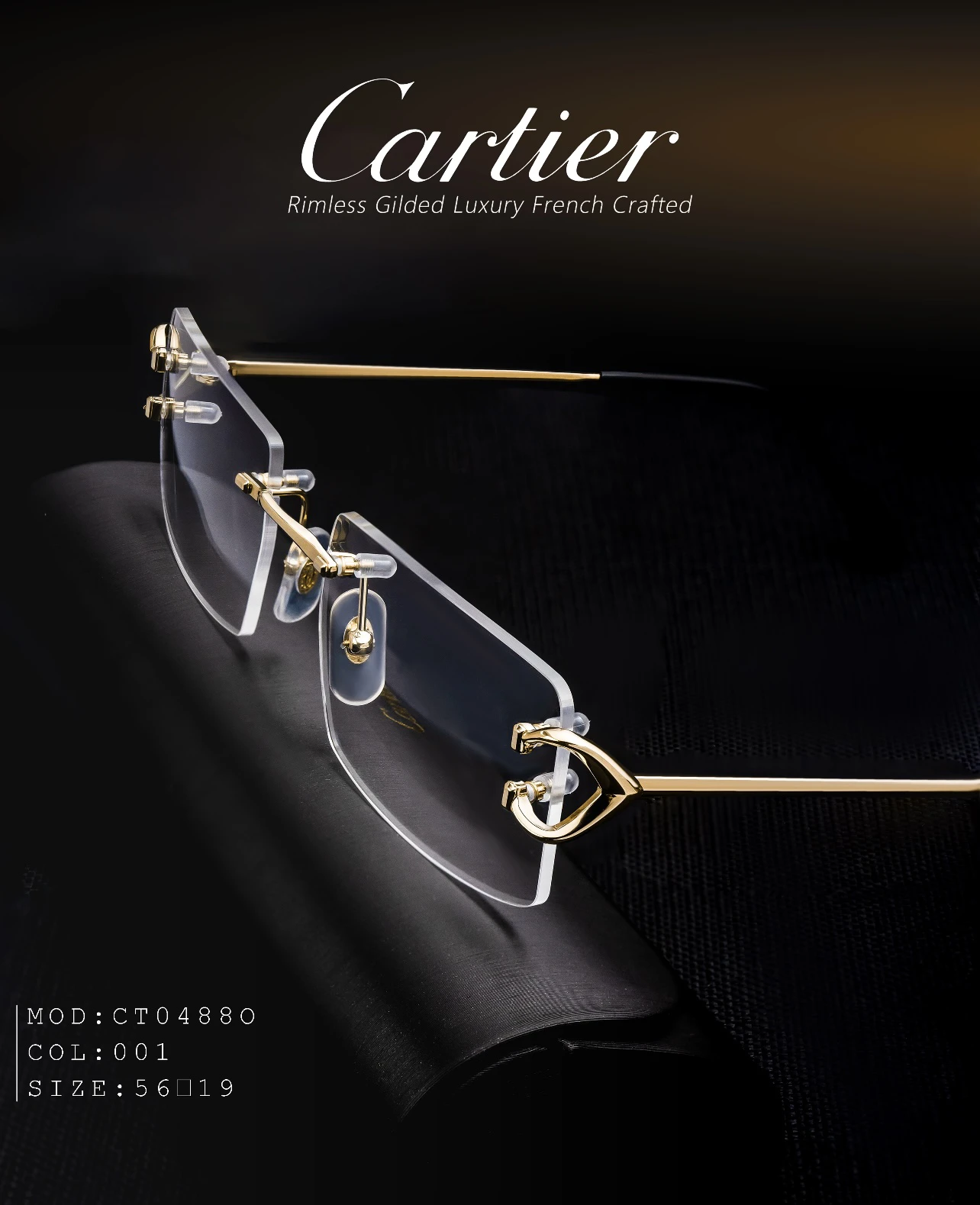 City Specs 2026 Front angle view of Cartier CT0488O 001 gold wire rimless glasses resting on dark surface at City Specs