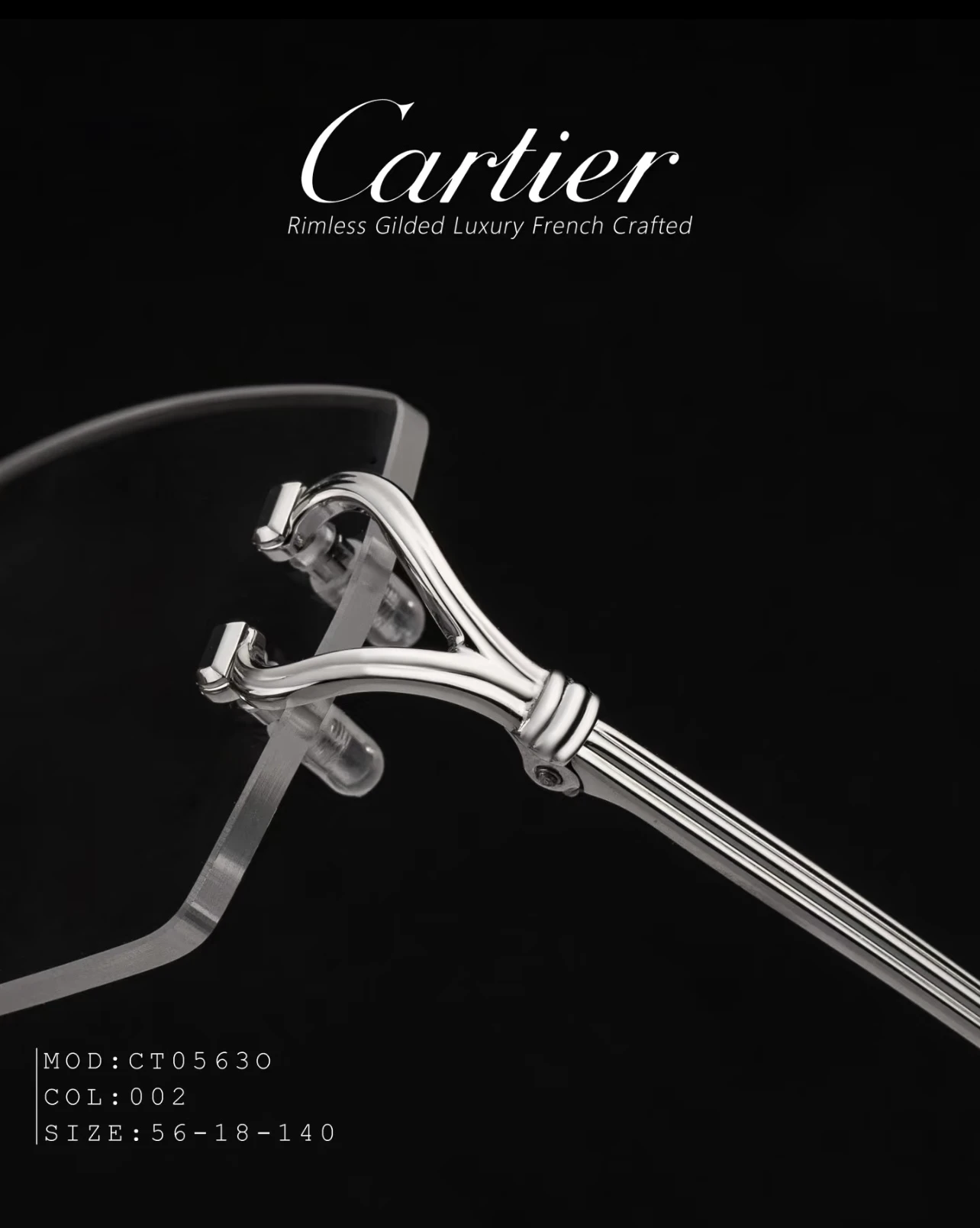 City Specs 2026 Silver open-worked hinge detail on Cartier CT0563O 002 rimless frames at City Specs