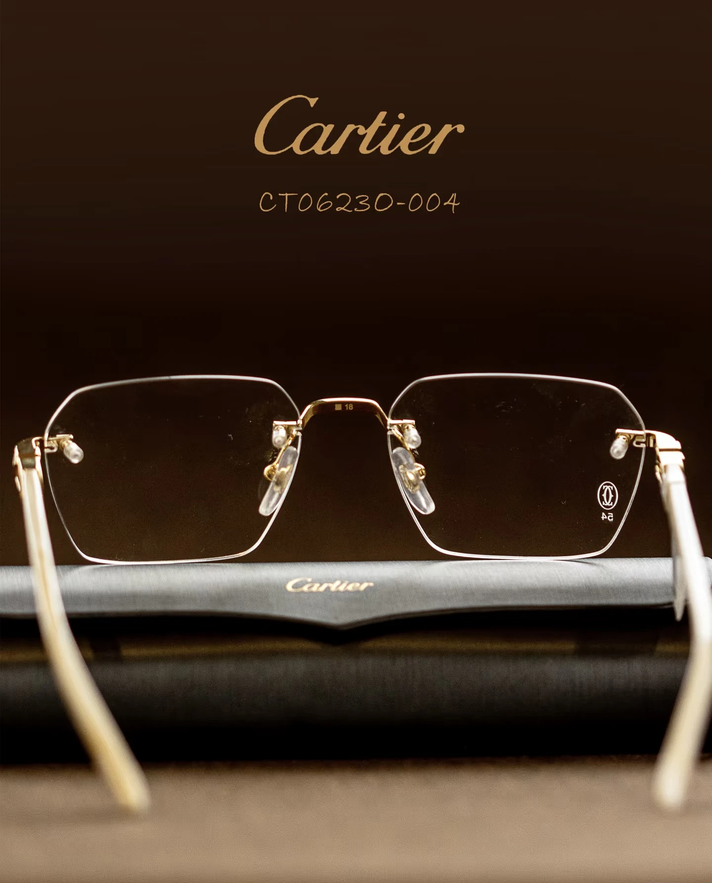 City Specs 2026 View of Cartier CT0623O 004 gold and white rimless glasses on brown case at City Specs opticians