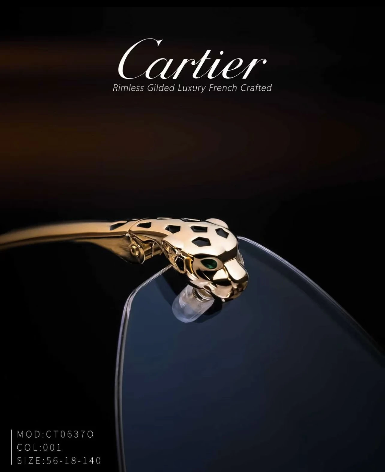 City Specs 2026 Top down angle of Cartier CT0637O 001 gold rimless spectacles at City Specs