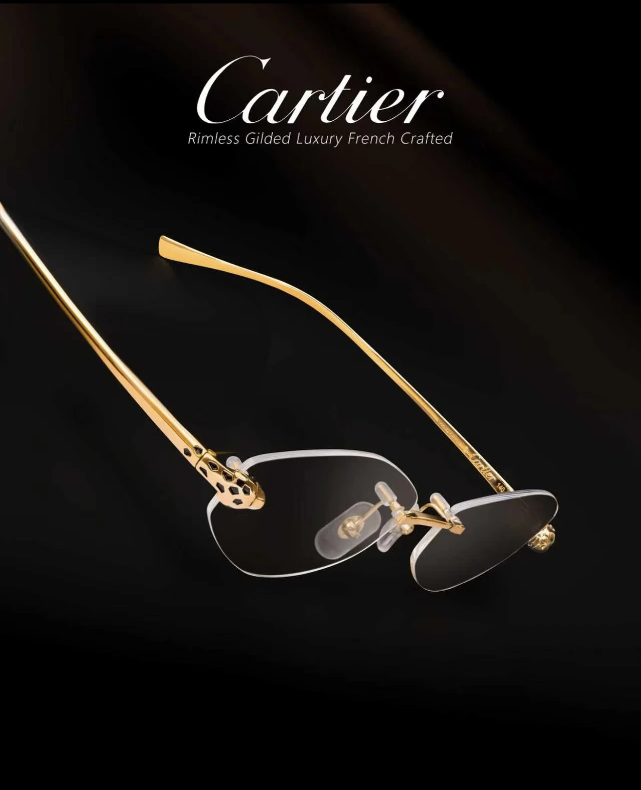 City Specs 2026 Top down angle of Cartier CT0637O 001 gold rimless spectacles at City Specs