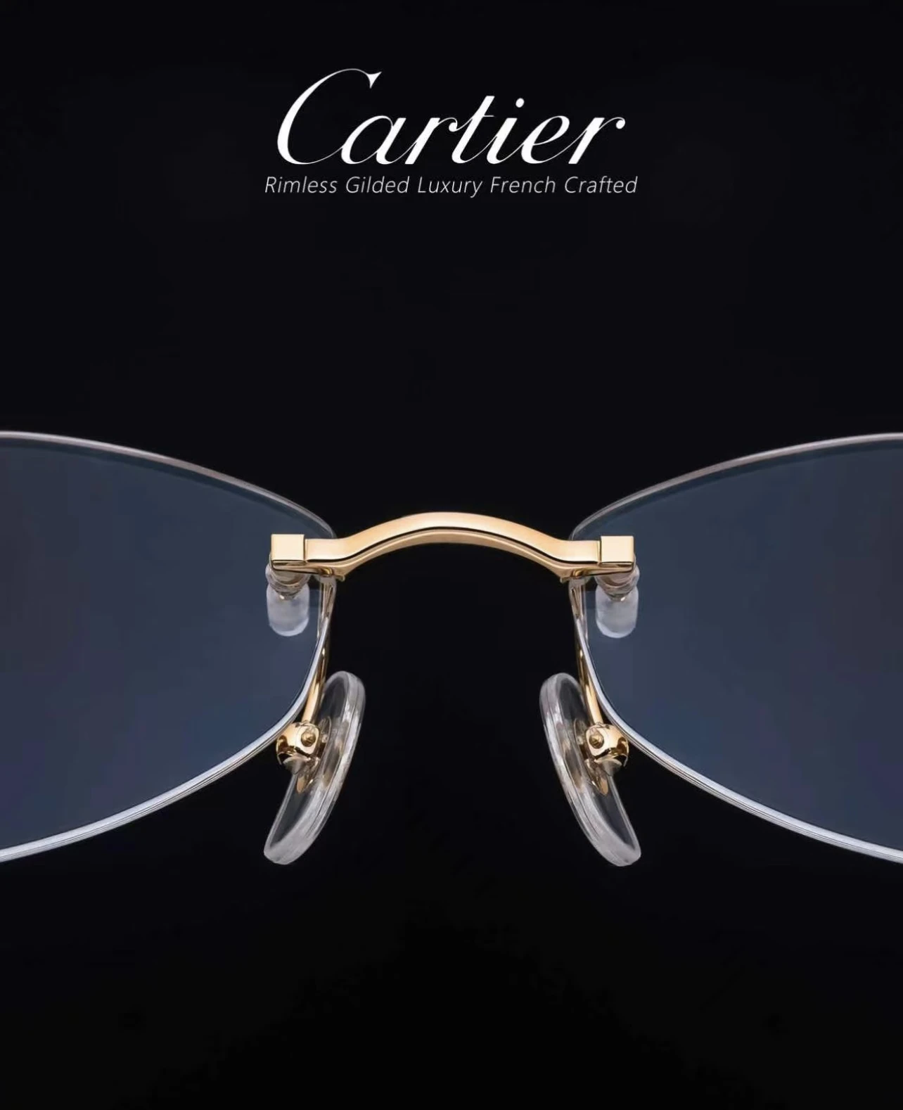 City Specs 2026 Top down angle of Cartier CT0637O 001 gold rimless spectacles at City Specs