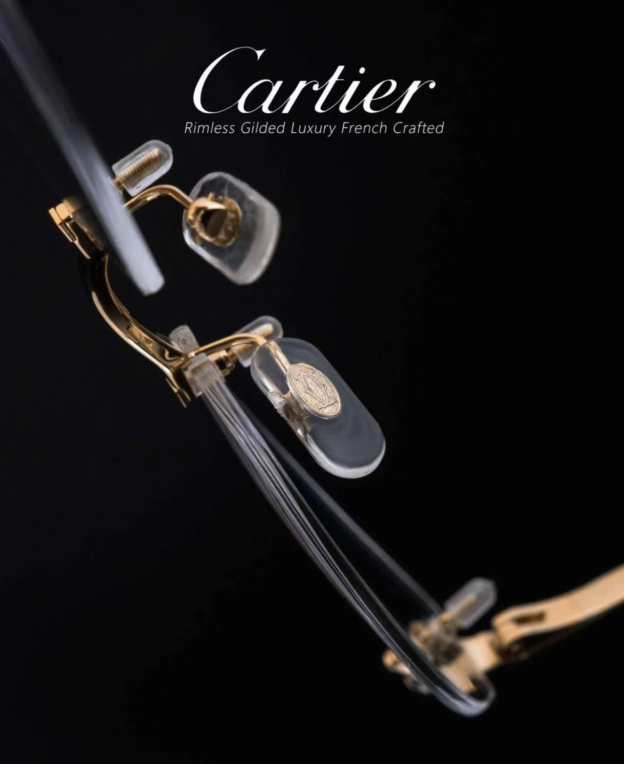 City Specs 2026 Top down angle of Cartier CT0637O 001 gold rimless spectacles at City Specs